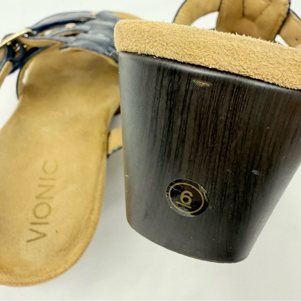 Vionic RADIA Blue Patent Reptile Embossed Triple T Strap Slide Wedge Sandals - Picture 14 of 14